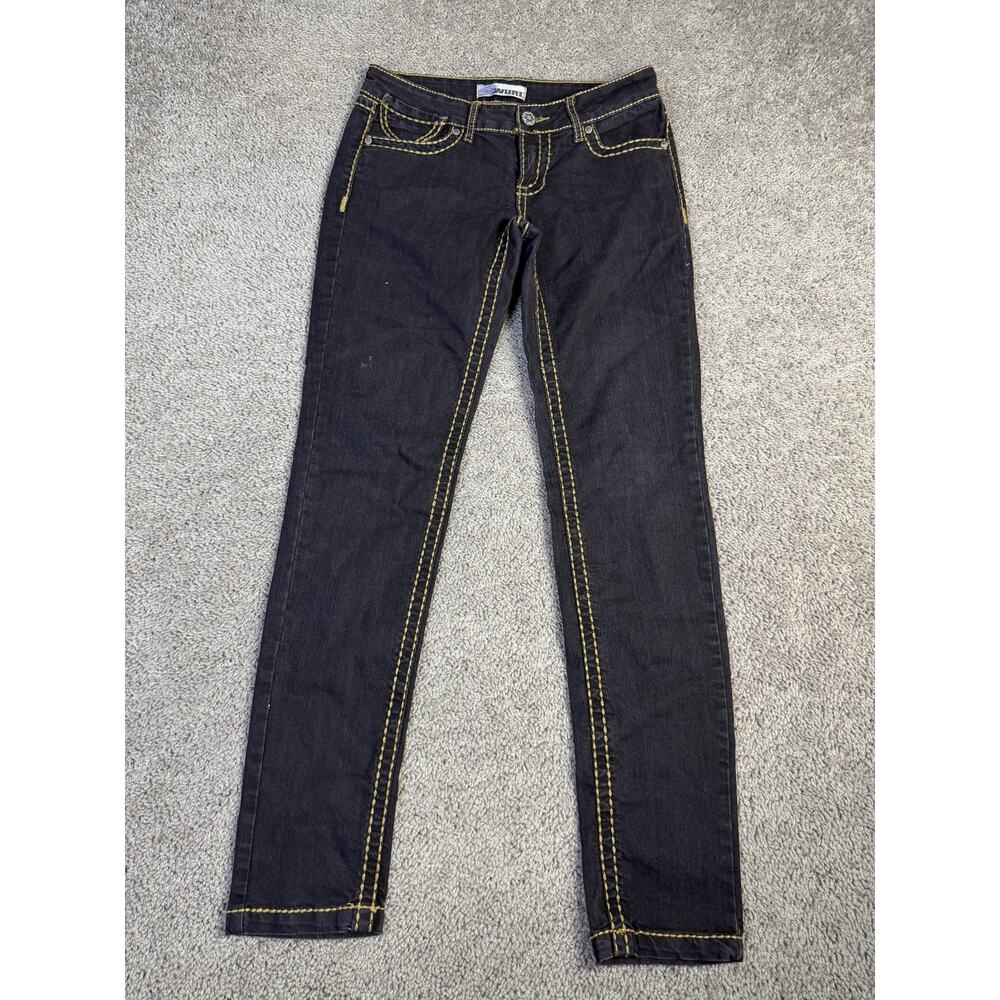 WURL Jeans Juniors 7 Blue Dark Wash Low Rise Skinny Slim Stretch Denim 28x29